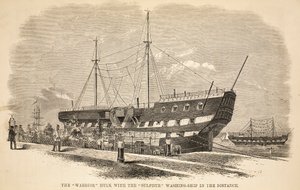 O casco do guerreiro com o lavagem-navio do enxofre na distância, a ilustração das prisões criminosas de Londres e as cenas da vida da prisão por Henry Mayhew e por John Binny, bar. 1862 de English School