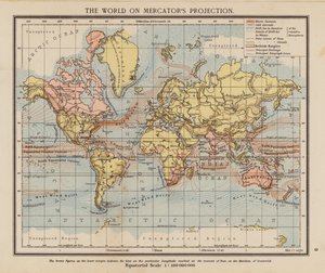 O mundo na projeção de Mercator (litografia a cores) de English School