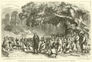 "As assembleias realizavam-se, por vezes, num bosque, onde se reuniam multidões para ouvir a Palavra de Deus" (gravura) de English School