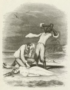 O corpo da Virgínia encontrado na areia (gravura) de English School