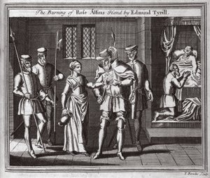 A queima da mão de Rose Allins por Edmund Tyrill, ilustração de Foxes Martyrs c.1703 de English School