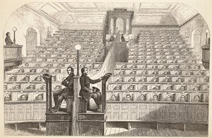 A capela, no sistema separado, na prisão de Pentonville, durante o serviço divino, ilustração das prisões criminais de Londres e cenas da vida da prisão por Henry Mayhew e por John Binny, bar. 1862 de English School