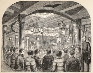 A capela do condenado a bordo do hulk da defesa em Woolwich, ilustração das prisões criminosas de Londres e cenas da vida da prisão por Henry Mayhew e por John Binny, bar. 1862 de English School