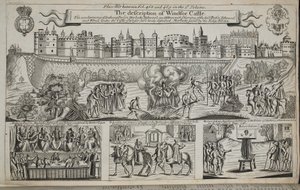 A descrição do Castelo de Windsor, ilustração de Atos e Monumentos de John Foxe, nona edição, pub. 1684 de English School