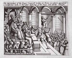 A descrição do Conselho Papas realizada em Roma, em que apareceu uma coruja monstruosa, ao desfiguramento total do Papa, e todo o seu clero, ilustração de Atos e Monumentos por John Foxe, nono ed de English School