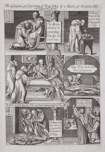 A descrição do envenenamento do rei John por uma monge da abadia de Swinstead em Lincolnshire, ilustração dos atos e monumentos por John Foxe, nona edição, bar. 1684 de English School