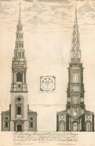 A elevação e perspectiva do extremo oeste da torre da igreja St. Brides em Fleet Street, Londres