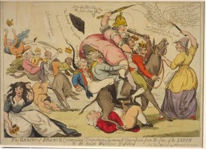 O gênio da França extirpando o despotismo, a tirania e a opressão da face da terra, Ou os guerreiros reais derrotados, 1792 (gravura à mão colorida) de English School