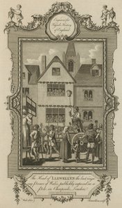 O chefe de Llewellyn, o último príncipe de Gales, exposto publicamente em um poste em Cheapside, Londres de English School