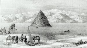 O obus no Pyramid Lake em janeiro de 1844, de Report of the Exploring Expedition às Montanhas Rochosas em 1842 e ao Oregon e Carolina do Norte em 1843-44 por John C. Fremont, publicado em 1845 (lit de English School
