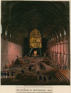 O interior do Westminster Hall como apareceu quando as Casas do Parlamento foram destruídas pelo fogo de English School