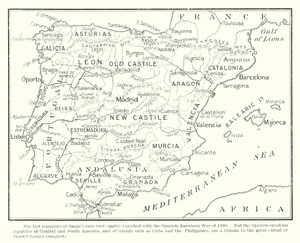 Os últimos vestígios do outrora vasto império espanhol desapareceram com a Guerra Hispano-Americana de 1898 (litografia) de English School