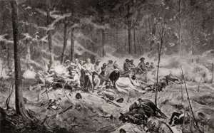 A última posição do Major Allan Wilson no rio Shangani, Matabeleland, durante a Primeira Guerra Matabele em 1893, segundo a pintura de Allan Stewart, de "South Africa and the Transvaal War: Vol. 1" de Louis Creswicke, publicado em 1900 (litografia) de English School