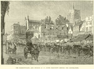 O mercado, e Igreja de São Pedro Mancroft, antes da restauração de English School