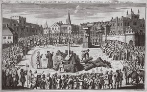 O martírio do Dr. Ridley e do Sr. Latimer em Oxford, com o Dr. Smith a pregar na altura do seu sofrimento, ilustração de "Foxes Martyrs", c.1703 (litografia) de English School