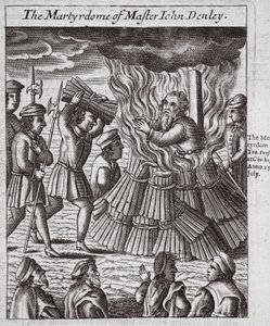 O martírio de Master John Denley, ilustração de "Acts and Monuments" de John Foxe, nona edição, pub. 1684 (litografia) de English School