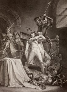 O assassinato de Ricardo II de Inglaterra no Castelo de Pontefract em 1400 (litografia) de English School