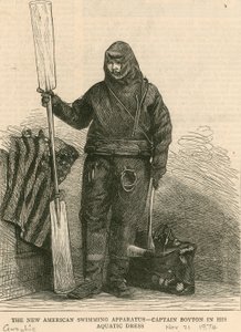 O novo aparelho de natação americano - Captain Boyton em seu vestido aquático de English School