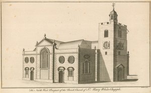 A perspectiva do noroeste da Igreja Paroquial de St. Mary, Whitechaple, Londres de English School