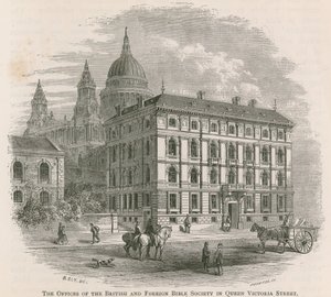 Os escritórios da Sociedade Bíblica Britânica e Estrangeira na Queen Victoria Street, Londres de English School