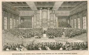 A orquestra em Exeter Hall, Londres, durante o encontro da Sociedade Sagrada Harmonia de English School