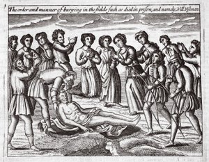 A ordem e a maneira de enterrar nos campos como morreu na prisão, e a saber, Will Wiseman, ilustração de Atos e Monumentos de John Foxe, nona edição, pub. 1684 de English School