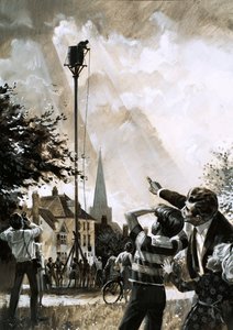 O recorde de sentar-se num poste foi detido por Jim Dean de Dallas, Texas (guache no papel) de English School