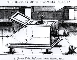 A câmera de caixa de reflexo obscura de Johann Zahn, 1685, de The History of the Camera Obscura de English School
