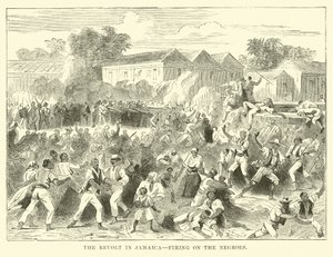 A revolta na Jamaica, disparando contra os negros (gravura) de English School