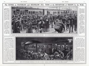 As cenas nas estações Waterloo e Hounslow na partida das tropas para a guerra, Primeira Guerra Mundial, agosto de 1914