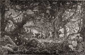 Os batedores da expedição de socorro a Emin Pasha, de Sir Henry Morton Stanley, em África, em 1888, descobrem pigmeus a transportar uma caixa de munições, publ. 1890 de English School