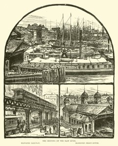 O transporte no East River; Ferrovia elevada; Hamilton Ferry-house de English School