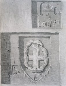 A assinatura de Ana Bolena com a Tudor Rose durante o seu encarceramento na Torre de Londres e outro prisioneiro esculpindo uma cruz, 1815 de English School