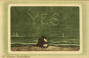 As constelações de verão: amantes numa praia à noite olhando para as estrelas (cor litho) de English School