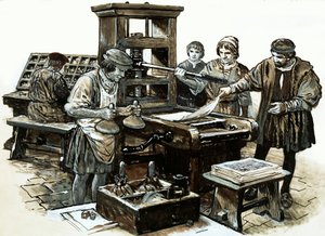 A terceira impressora em Inglaterra foi criada em St. Albans em 1480 (guache em papel) de English School