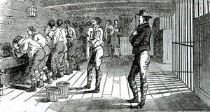 A sala de lavagem abaixo do convés - sindicalistas condenados sendo transportados para a Austrália, ilustrado em Os Mártires de Tolpuddle, publicado pelo Trades Union Congress, 1834 de English School