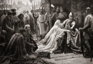 A esposa do rei Eduardo III, rainha Philippa de Hainault, intercede perante o seu marido para pedir que as vidas dos sete Burgos de Calais sejam poupadas (impressão) de English School