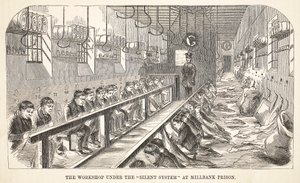 A oficina sob o sistema silencioso na prisão de Millbank, ilustração das prisões criminosas de Londres e cenas da vida da prisão por Henry Mayhew e por John Binny, bar. 1862 de English School