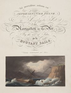 "Coisas tentadas ainda" , Milton, frontispício de "A Arte Aeromédica, ou Navegação no Ar, pelo Uso de Pipas, ou Velas Bóias, pub. 1827 (aquatint colorido à mão) de English School