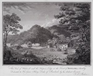 Esta Vista de Whitewell e da Loja do Guardião na Floresta de Bowland, é humildemente dedicada a Sua Graça Henry Duque de Buccleuch, pelo seu obediente Servo J L Parker (gravura) de English School