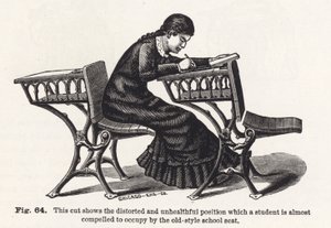Este corte mostra a posição distorcida e insalubre que um aluno é quase compelido (gravura) de English School