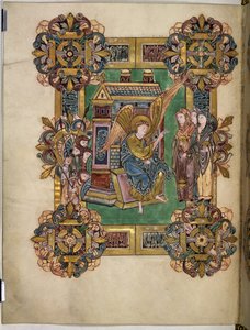 Three Maries at the Sepulchre, from The Benedictional of St Æthelwold, c.963-984 (tinta e ouro sobre pergaminho) de English School