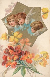 Três querubins em uma imagem decorada com flores de English School