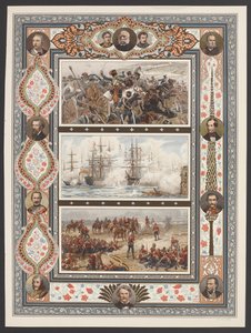 Três vinhetas retratando cenas de batalha naval e terrestre, incluindo o "Alívio da Brigada Ligeira" de R Caton Woodville de English School