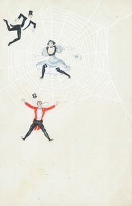 Três pessoas bem vestidas apanhadas em uma teia de aranha de English School