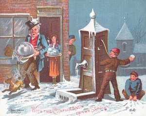 Bolas de neve de jogo no padeiro, cartão de Natal de English School
