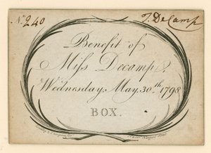 Bilhete para o Drury Lane Theatre, Londres: Benefício de Miss Decamp, 30 de maio de 1798 de English School