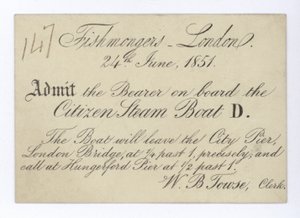 Bilhete para peixarias de Londres para fazer uma viagem de barco no barco a vapor Citizen, 24 de junho de 1851 de English School