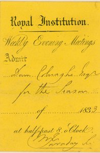 Bilhete de admissão à Royal Institution, Albemarle Street, Londres, para uma palestra de Michael Faraday de English School