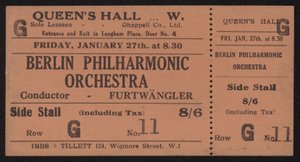 Bilhete para um concerto da Orquestra Filarmônica de Berlim, Queens Hall, Londres Sexta-feira, 27 de janeiro de 1928 de English School